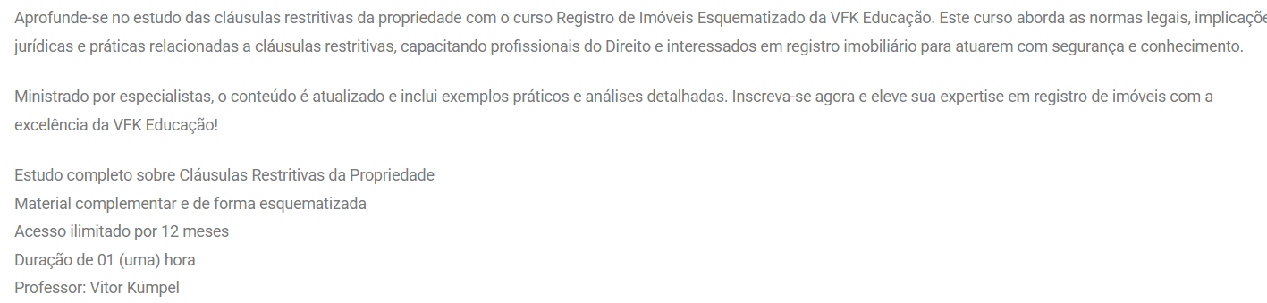 Informações Curso de Cláusulas Restritivas de Propriedade 2025 - Rateio VFK Educação