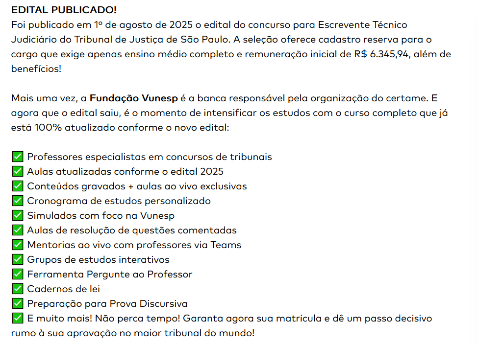 Informações Curso TJ-SP Pós-Edital 2025 – Escrevente Técnico Judiciário – Rateio Ceisc