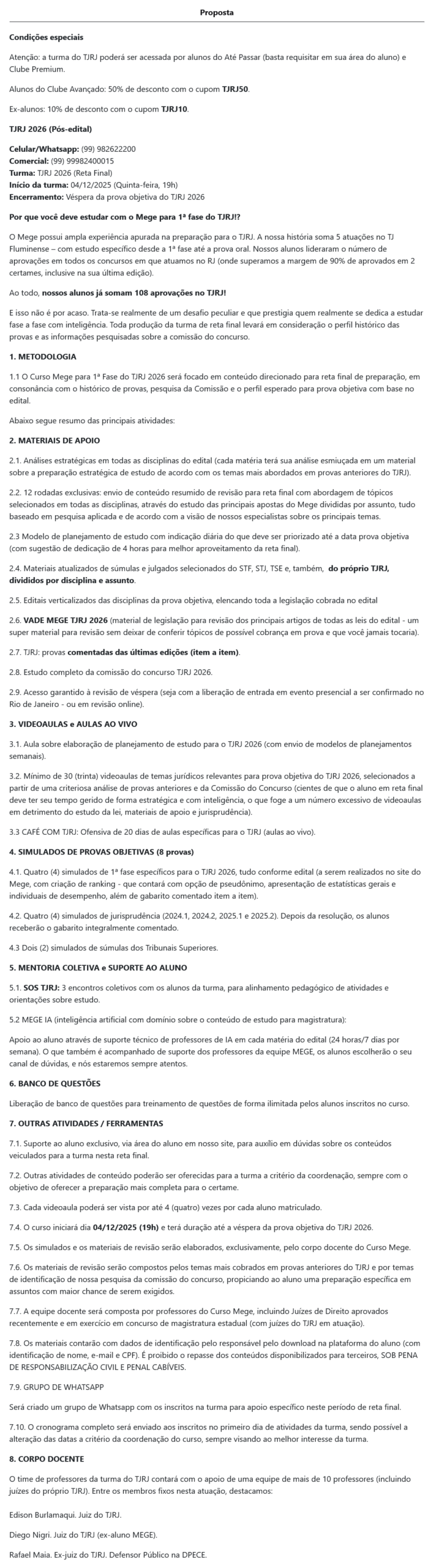 Informações Curso TJRJ 2026 (Pós-edital) Rateio Mege