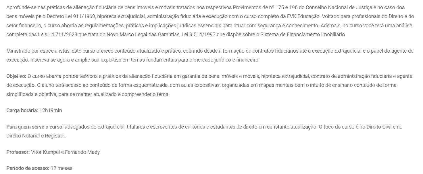 Informações Curso Alienação Fiduciária, Hipoteca e Execução Extrajudicial [2026] Rateio VFK Educação