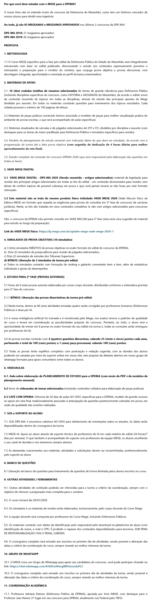 Informações DPEMA 2026 Pós Edital [2026] Rateio Mege