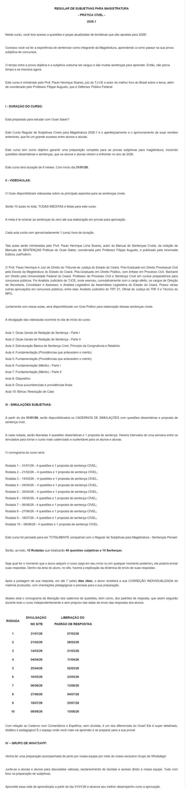 Informações SUBJETIVAS PARA MAGISTRATURA 2026.1 [SENTENÇAS CÍVEIS] Rateio Ouse Saber