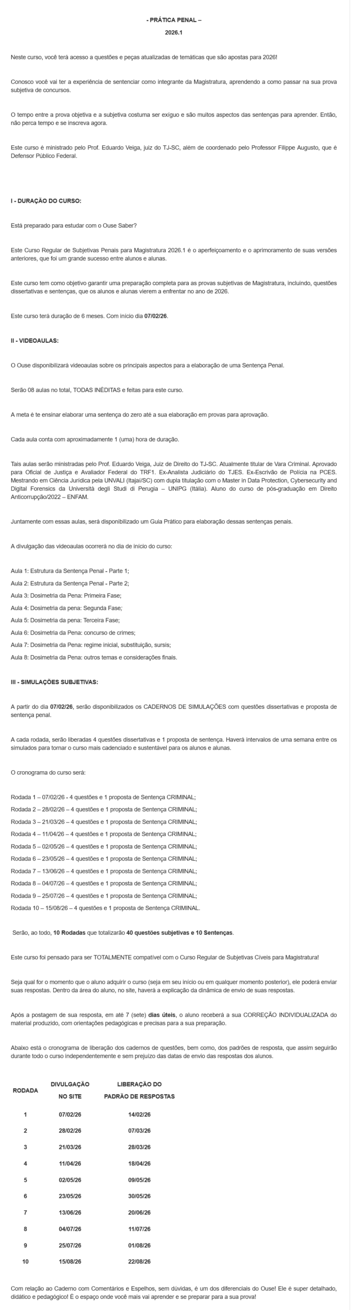 Informações SUBJETIVAS PARA MAGISTRATURA 2026.1 [SENTENÇAS PENAIS] Rateio Ouse Saber
